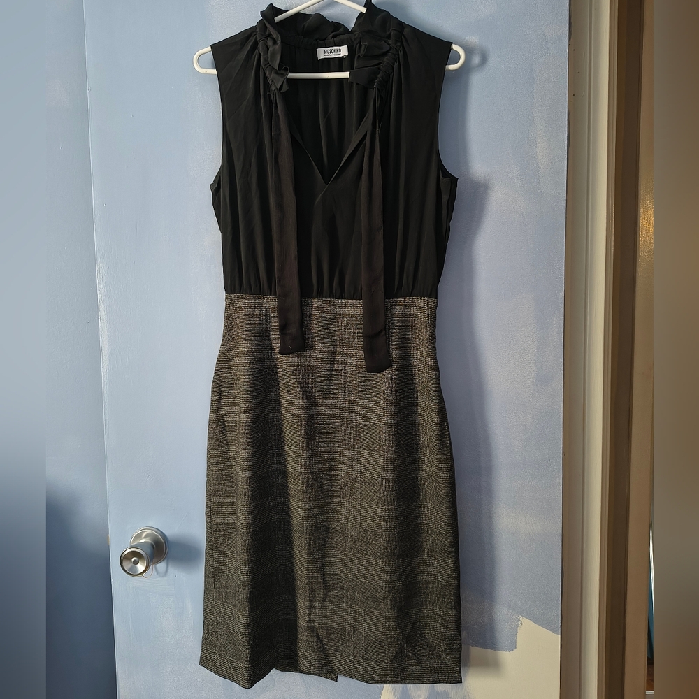 Moschino Cheap And Chic Black Silk And Wool Tie Neck Dress S